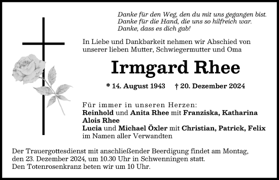 Traueranzeige von Irmgard Rhee von Donau Zeitung