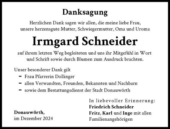 Traueranzeige von Irmgard Schneider von Donauwörther Zeitung, Rieser Nachrichten