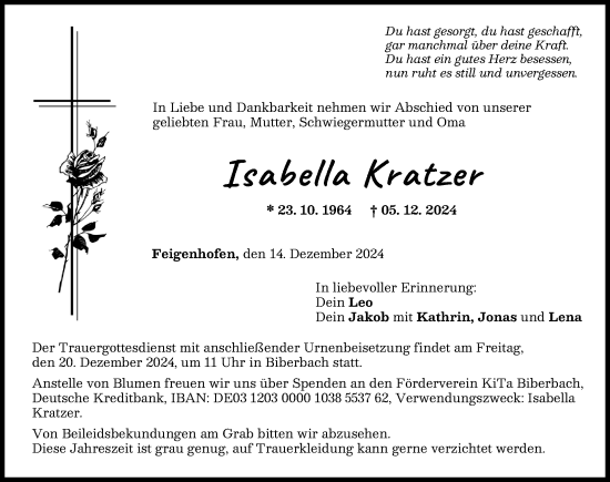 Traueranzeige von Isabella Kratzer von Wertinger Zeitung, Augsburg-Land