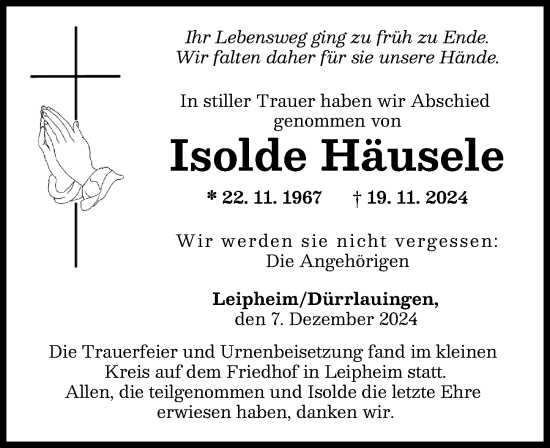 Traueranzeige von Isolde Häusele von Günzburger Zeitung