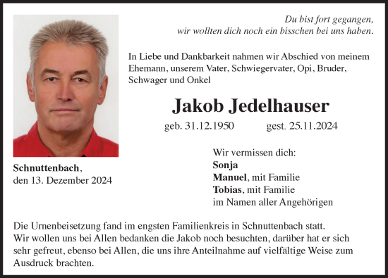 Traueranzeige von Jakob Jedelhauser von Günzburger Zeitung