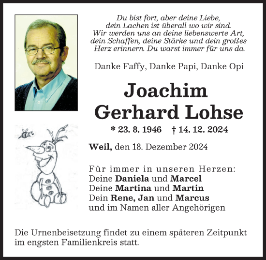 Traueranzeige von Joachim Gerhard Lohse von Landsberger Tagblatt