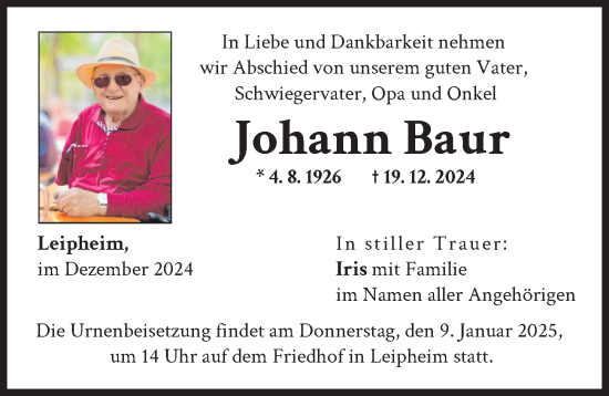 Traueranzeige von Johann Baur von Günzburger Zeitung