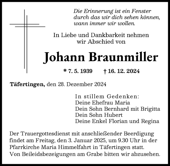 Traueranzeige von Johann Braunmiller von Augsburger Allgemeine