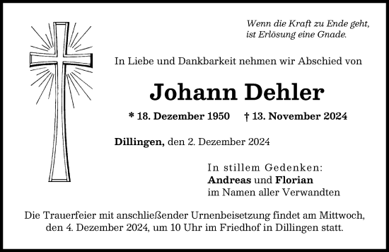 Traueranzeige von Johann Dehler von Donau Zeitung