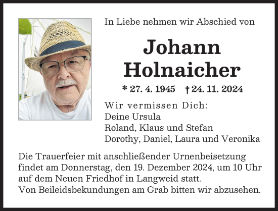 Traueranzeige von Johann Holnaicher von Augsburger Allgemeine
