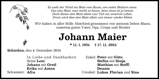 Traueranzeige von Johann Maier von Neu-Ulmer Zeitung