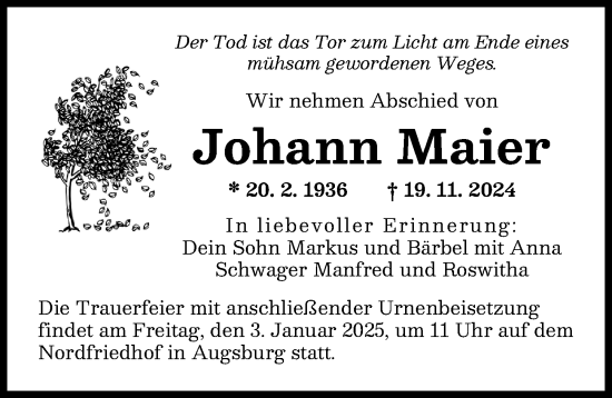 Traueranzeige von Johann Maier von Augsburger Allgemeine