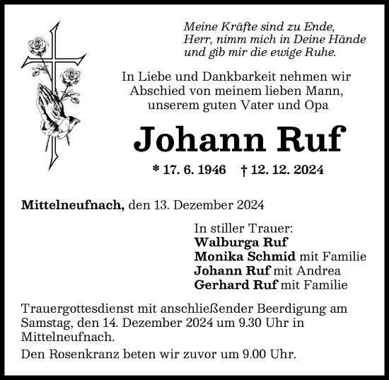 Traueranzeige von Johann Ruf von Schwabmünchner Allgemeine