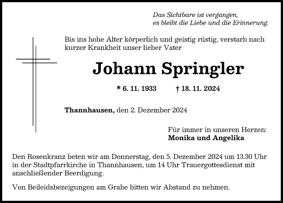 Traueranzeige von Johann Springler von Mittelschwäbische Nachrichten
