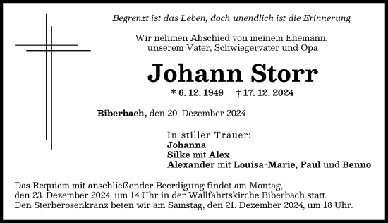 Traueranzeige von Johann Storr von Wertinger Zeitung, Augsburg-Land