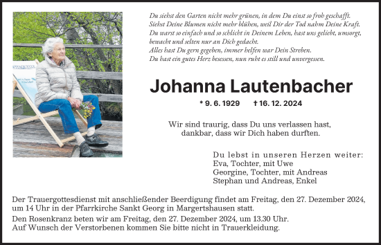 Traueranzeige von Johanna Lautenbacher von Augsburger Allgemeine