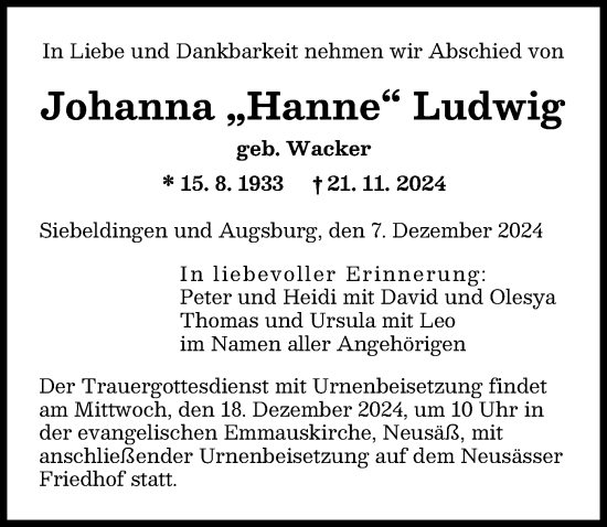 Traueranzeige von Johanna Ludwig von Augsburger Allgemeine