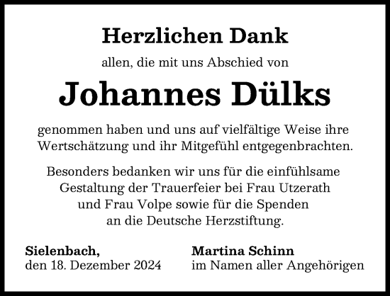 Traueranzeige von Johannes Dülks von Aichacher Nachrichten