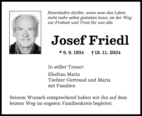 Traueranzeige von Josef Friedl von Friedberger Allgemeine