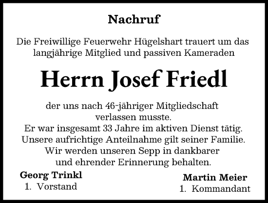 Traueranzeige von Josef Friedl von Friedberger Allgemeine