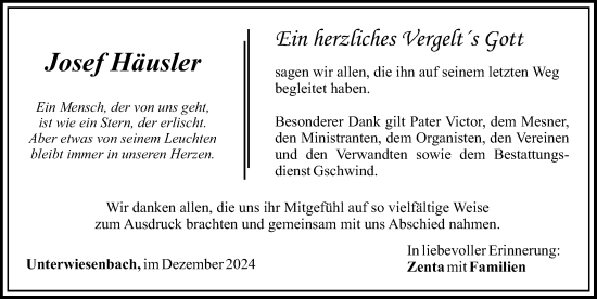 Traueranzeige von Josef Häusler von Mittelschwäbische Nachrichten