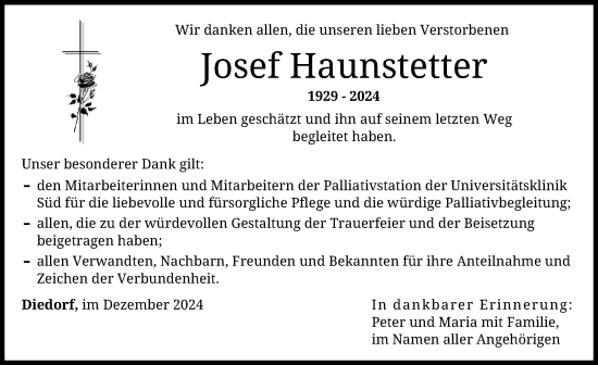 Traueranzeige von Josef Haunstetter von Augsburger Allgemeine