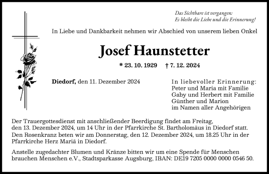 Traueranzeige von Josef Haunstetter von Augsburger Allgemeine