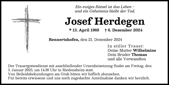 Traueranzeige von Josef Herdegen von Neuburger Rundschau