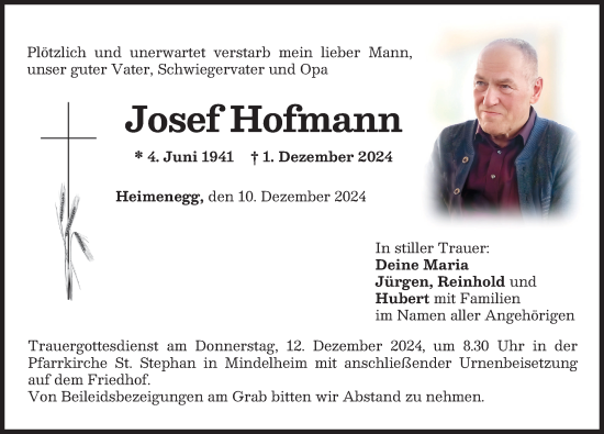 Traueranzeige von Josef Hofmann von Mindelheimer Zeitung