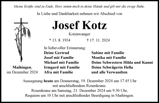 Traueranzeige von Josef Kotz von Rieser Nachrichten
