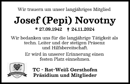 Traueranzeige von Josef Novotny von Augsburg-Land