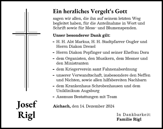 Traueranzeige von Josef Rigl von Aichacher Nachrichten