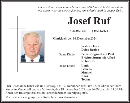 Traueranzeige von Josef Ruf von Mittelschwäbische Nachrichten
