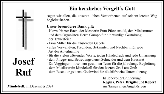 Traueranzeige von Josef Ruf von Mittelschwäbische Nachrichten