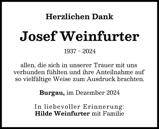 Traueranzeige von Josef Weinfurter von Günzburger Zeitung