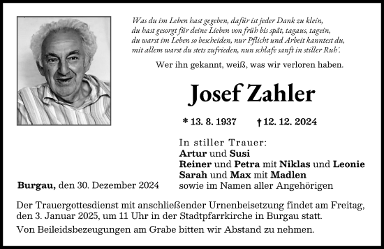 Traueranzeige von Josef Zahler von Günzburger Zeitung