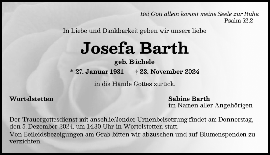Traueranzeige von Josefa Barth von Wertinger Zeitung