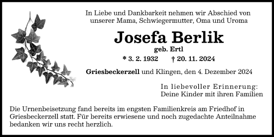 Traueranzeige von Josefa Berlik von Aichacher Nachrichten