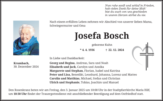Traueranzeige von Josefa Bosch von Mittelschwäbische Nachrichten