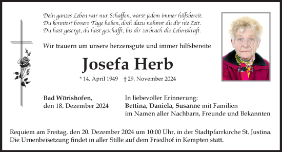 Traueranzeige von Josefa Herb von Mindelheimer Zeitung