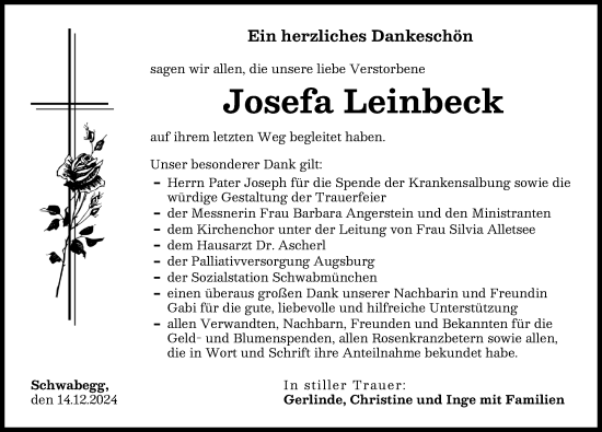 Traueranzeige von Josefa Leinbeck von Schwabmünchner Allgemeine