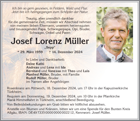 Traueranzeige von Josef Lorenz Müller von Mindelheimer Zeitung