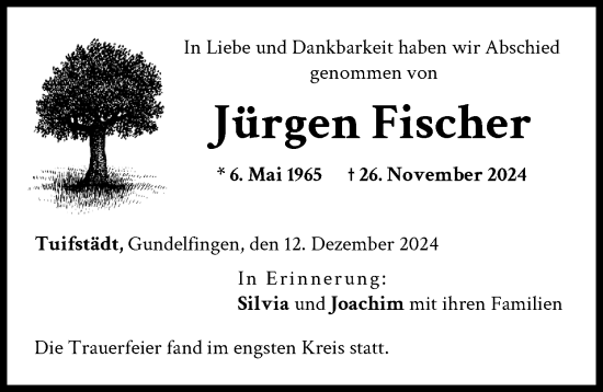 Traueranzeige von Jürgen Fischer von Donau Zeitung