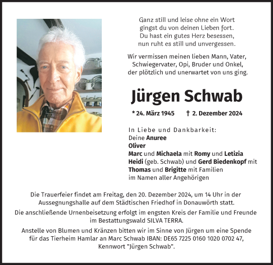 Traueranzeige von Jürgen Schwab von Donauwörther Zeitung