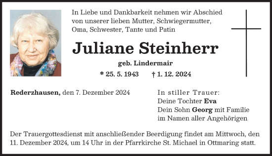 Traueranzeige von Juliane Steinherr von Friedberger Allgemeine
