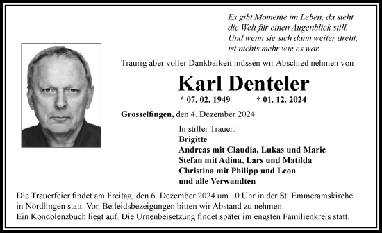Traueranzeige von Karl Denteler von Rieser Nachrichten
