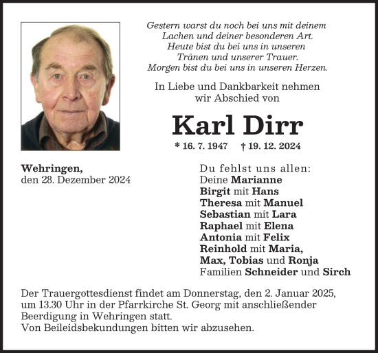 Traueranzeige von Karl Dirr von Schwabmünchner Allgemeine