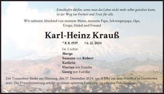 Traueranzeige von Karl-Heinz Krauß von Augsburger Allgemeine