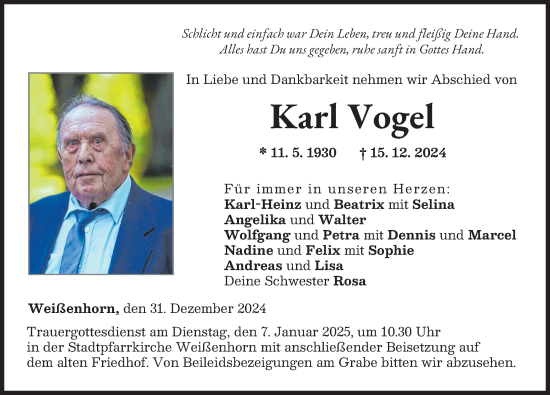 Traueranzeige von Karl Vogel von Neu-Ulmer Zeitung