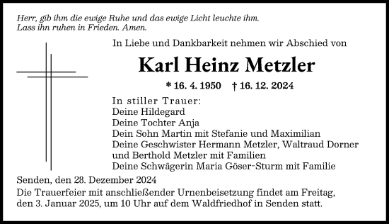 Traueranzeige von Karl Heinz Metzler von Neu-Ulmer Zeitung