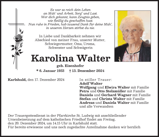 Traueranzeige von Karolina Walter von Neuburger Rundschau