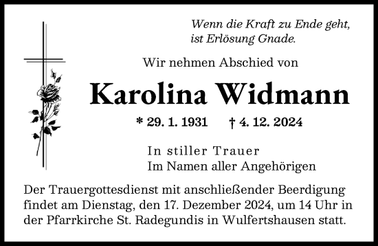 Traueranzeige von Karolina Widmann von Friedberger Allgemeine