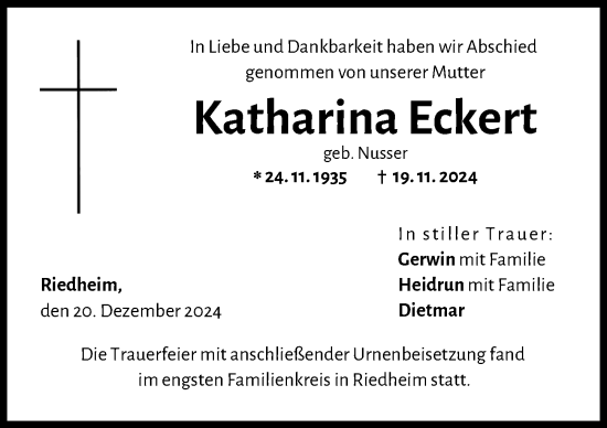 Traueranzeige von Katharina Eckert von Günzburger Zeitung