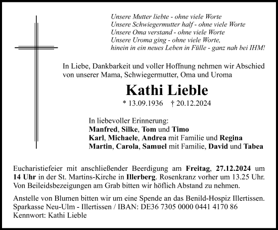 Traueranzeige von Kathi Lieble von Neu-Ulmer Zeitung